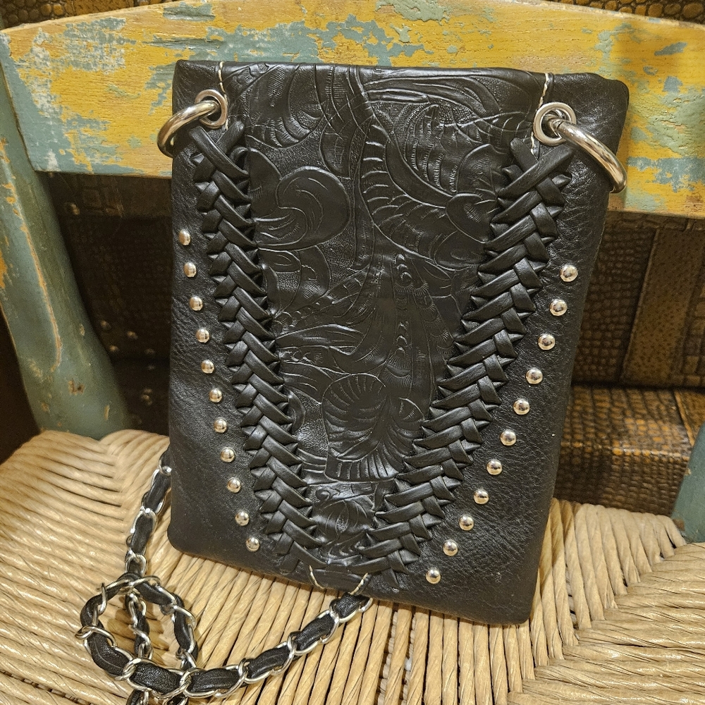 P&G Collection PU Leather Braided/Studded Crossbody Phone Purse - Black
